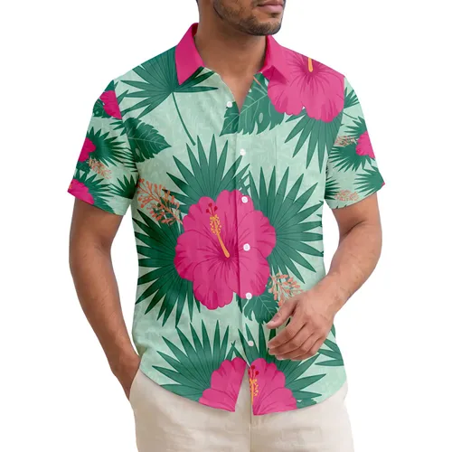 Vibrant Fuchsia Pink Hibiscus Palm Frond Tropical Foliage - Home Decor Gift Hawaiian Shirt