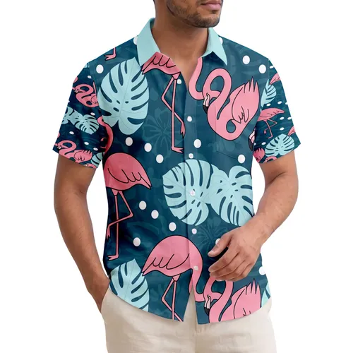 Pink Flamingos Monstera Leaves Tropical Foliage White Circles - Summer Vacation Gift Hawaiian Shirt