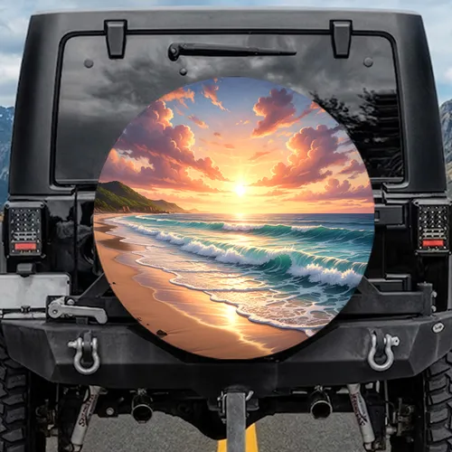 Majestic Sunset Beach Ocean Waves, Dramatic Sunset Clouds - Travel Essentials Gift Spare Tire Cover