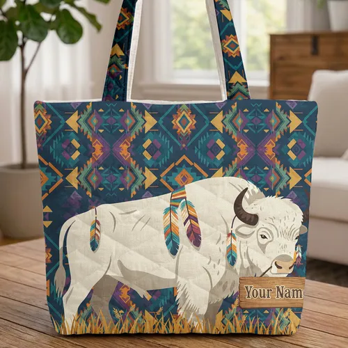 White Buffalo Native Feather Southwestern Tribal - Everyday Carry Gift for Wildlife Lover Quilted Tote Bag
