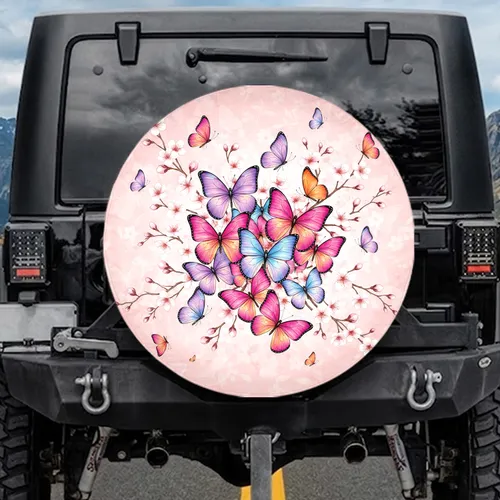 Iridescent Butterflies Cherry Blossoms Floral - Nature Lover Outdoor Decor Spare Tire Cover