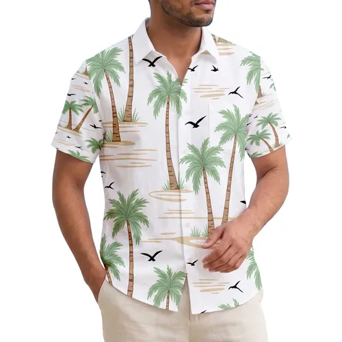 Tropical Palm Trees Flying Birds Sandy Shores Grass - Tropical Getaway Destination Gift Hawaiian Shirt