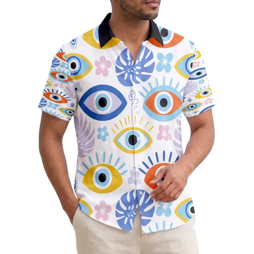 Evil Eye Plumeria Blossoms Monstera Palm Fronds Geometric Waves - Travel Essentials Gift Hawaiian Shirt