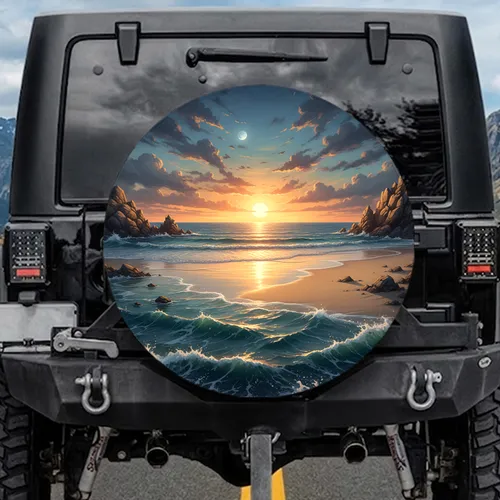 Sunset Beach Rocky Coastline Full Moon - Outdoor Adventure Gift Spare Tire Cover