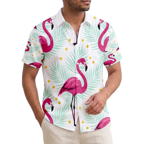 Tropical Pink Flamingos Mint Palm Fronds Golden Dots - Home Decor Gift for Flamingo Lover Hawaiian Shirt