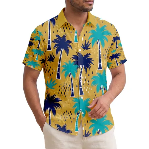 Navy Teal Mustard Tropical Palm Trees - Home Decor Gift Hawaiian Shirt