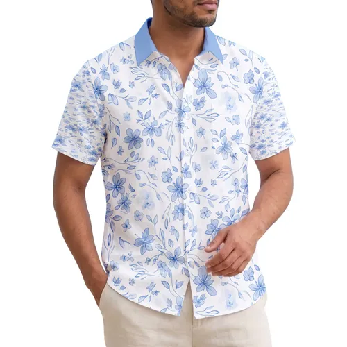 Blue Five Petal Flowers Winding Vines Small Leaves Hawaiian - Everyday Lifestyle Gift Hawaiian Shirt