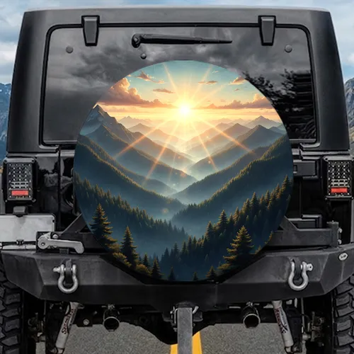 Mountain Landscape Sunrise Deep Valley Evergreen Forest Peaks Clouds - Travel Essentials Spare Tire Cover