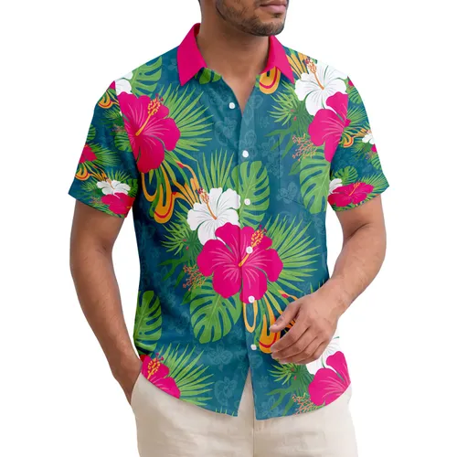 Hibiscus Tropical Leaves Stripes Swirls - Tropical Lifestyle Gift Hawaiian Shirt