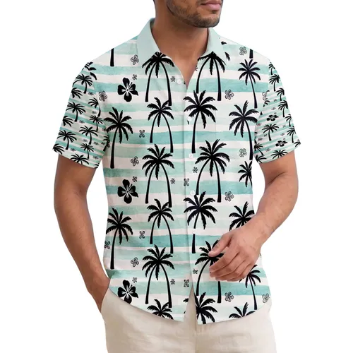 Palm Tree Silhouette Teal Aqua Stripe - Tropical Vacation Gift Hawaiian Shirt