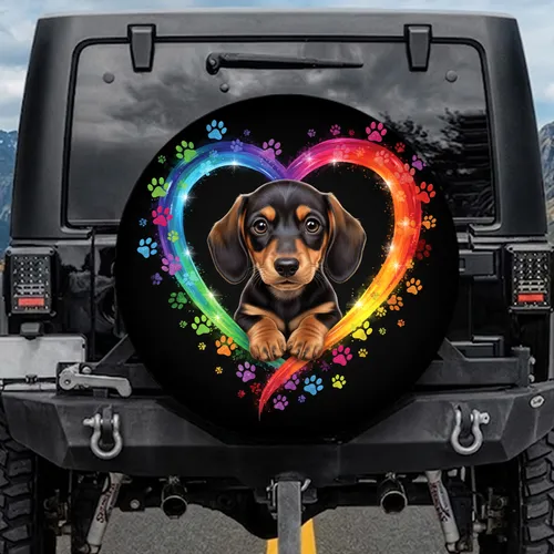 Brown Dachshund Puppy Rainbow Heart Paw Prints - Dachshund Owner Gift Spare Tire Cover