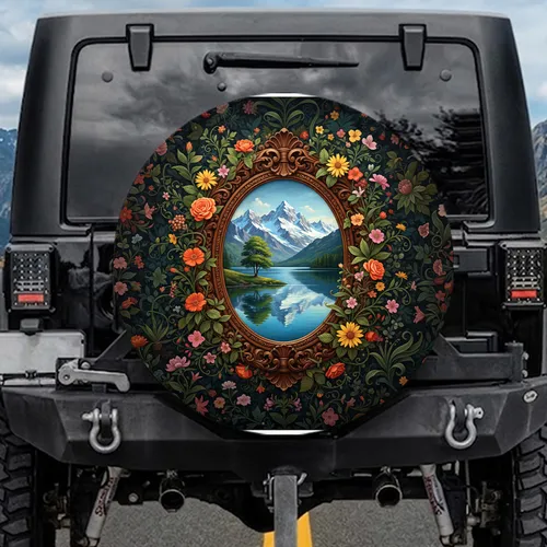 Mountain Lake Landscape Ornate Oval Frame Botanical Flower Vines - Home Decor Gift Spare Tire Cover
