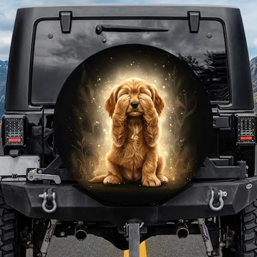 Golden Retriever Puppy Paws Over Eyes Black Background Foliage Decor - Dog Lover Gift Spare Tire Cover