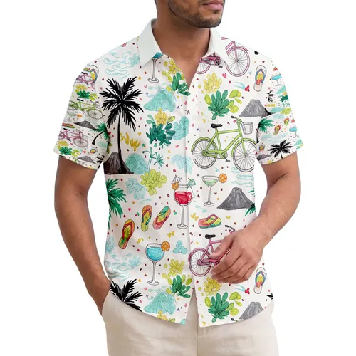 Road Bicycles Cocktail Glasses Flip-flops Palm Trees - Vacation Travel Gift for Travelers Hawaiian Shirt