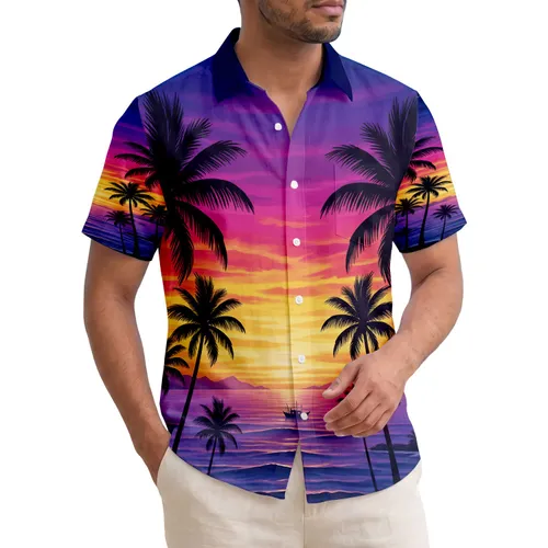 Palm Tree Ocean Fishing Boat Sunset Sky - Tropical Lifestyle Gift for Travel Lover Hawaiian Shirt