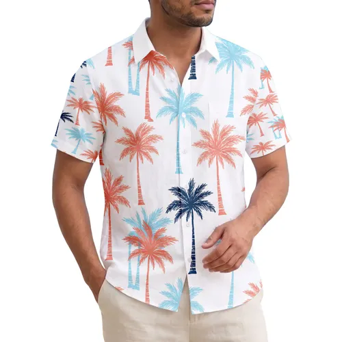 Coral Sky Navy Tropical Palm Trees Scenery - Home Decor Gift Hawaiian Shirt