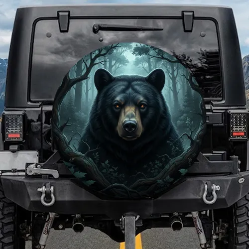 Black Bear Head Forest Foliage Moonlit Night - Wildlife Lover Gift Spare Tire Cover