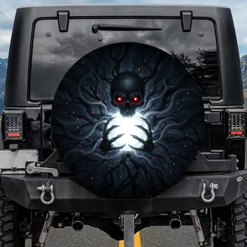 Menacing Cracked Dark Skull Glowing Red Eyes White Orb - Gothic Dark Fantasy Decor Gift Spare Tire Cover