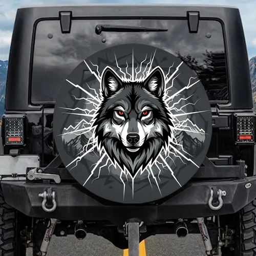 Black Wolf Head Red Eyes Mountain Peaks Tree Line - Wildlife Lover Gift Spare Tire Cover