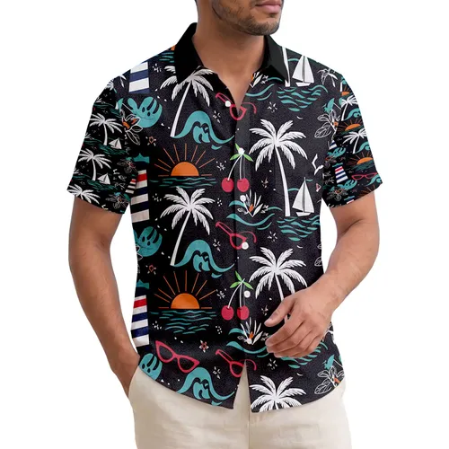 Tropical Sunset Palm Tree Lighthouse Sailboat - Summer Vacation Gift Hawaiian Shirt