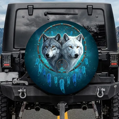 Mirrored Wolf Heads Dreamcatcher Blue Turquoise Feathers - Wildlife Lover Gift Spare Tire Cover