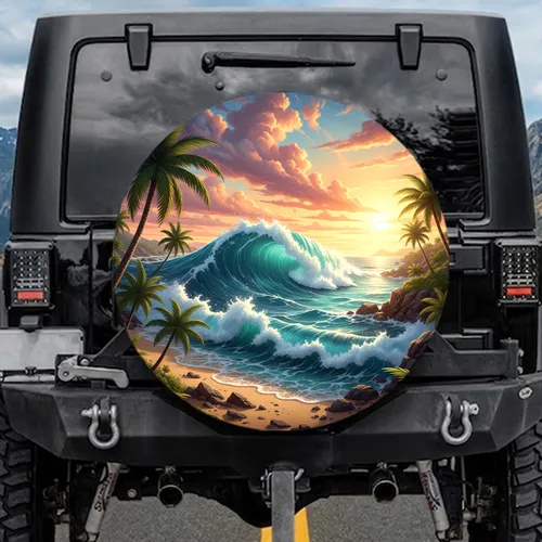 Turquoise Ocean Wave Breaking Sunset Sky Coastline Palm Trees - Coastal Lifestyle Decor Spare Tire Cover