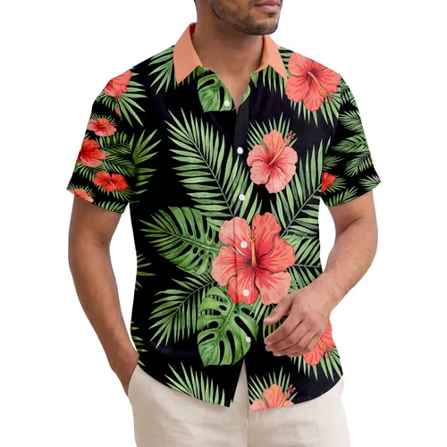 Black Background Hibiscus Flowers Monstera Leaves Fan Palm Fronds - Tropical Lifestyle Gift Hawaiian Shirt