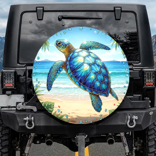 Stained Glass Sea Turtle Tropical Hibiscus Ocean Beach - Tropical Decor Gift Spare Tire Cover