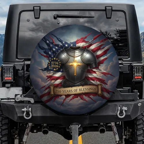 Torn American Flag Knight Armor 'One Nation Under God' - USA 250th Anniversary Independence Day Spare Tire Cover