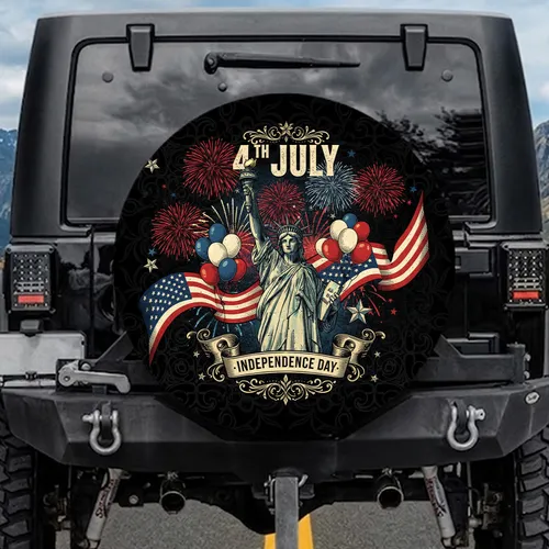 Statue of Liberty American Flag Fireworks - Independence Day Gift Spare Tire Cover