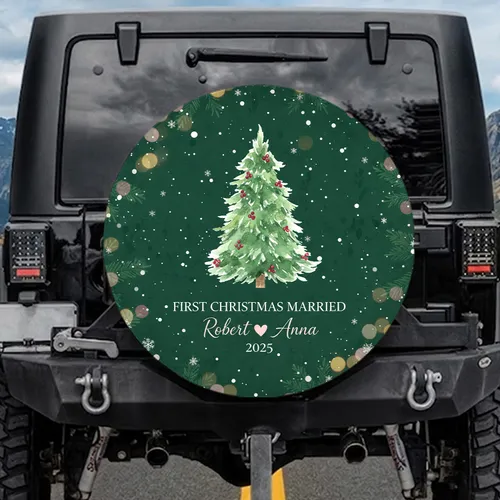 First Christmas Married Watercolor Tree Snowflakes - Newlywed Christmas Celebration 2025 Custom Name and Year Spare Tire Cover