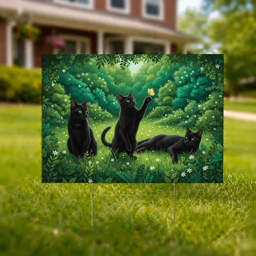 Playful Black Cats Butterfly Flowered Garden - Outdoor Cat Lover Decor Yard Sign
