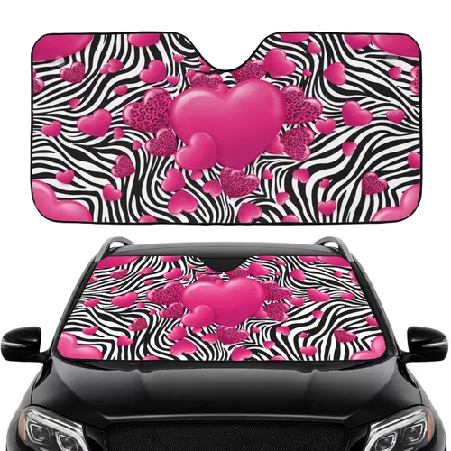 Glossy Pink Hearts Zebra Stripes Fuchsia - Car Interior Upgrade Car Sunshade
