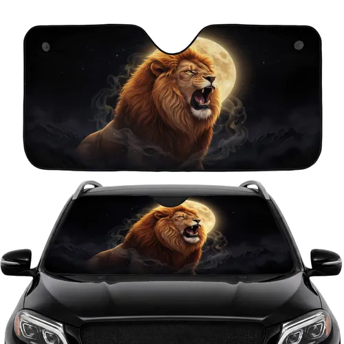 Roaring Lion Golden Mane Full Moon Night Sky - Commute Accessory for Wildlife Lover Car Sunshade