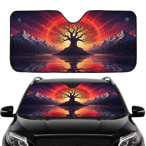 Ancient Gnarled Tree Fiery Sunburst Lake - Car Interior Upgrade Car Sunshade