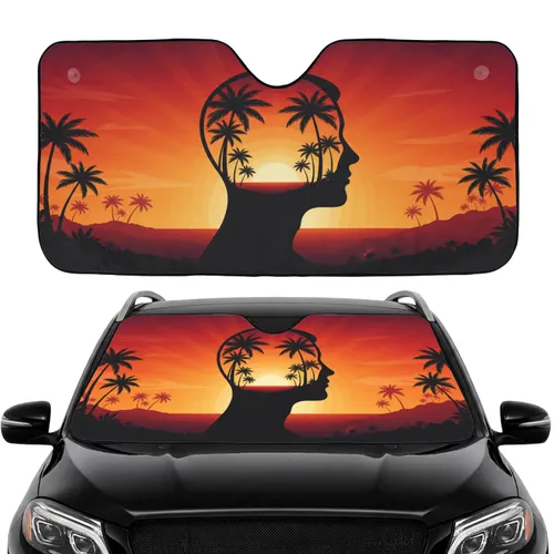 Human Head Silhouette Tropical Sunset Palm Tree - Car Interior Upgrade Car Sunshade