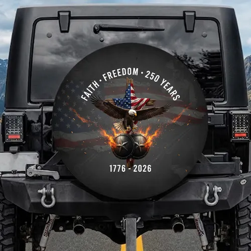 Bald Eagle American Flag Cross 1776-2026 - USA 250th Anniversary Gift for Veterans Spare Tire Cover