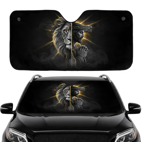 Grayscale Lion Cross Jesus - Car Interior Upgrade for Christian Driver Car Sunshade