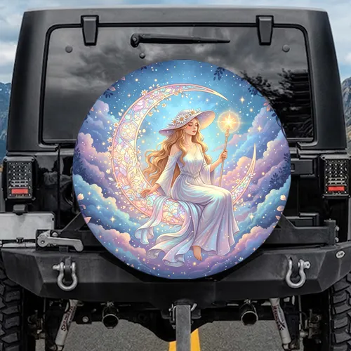 Blonde Witch Crescent Moon Opalescent Stained Glass - Fantasy Decor Spare Tire Cover