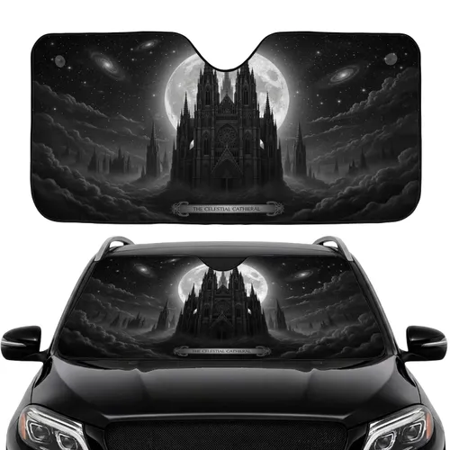 Gothic Cathedral Full Moon Night Sky - Car Interior Travel Commute Car Sunshade
