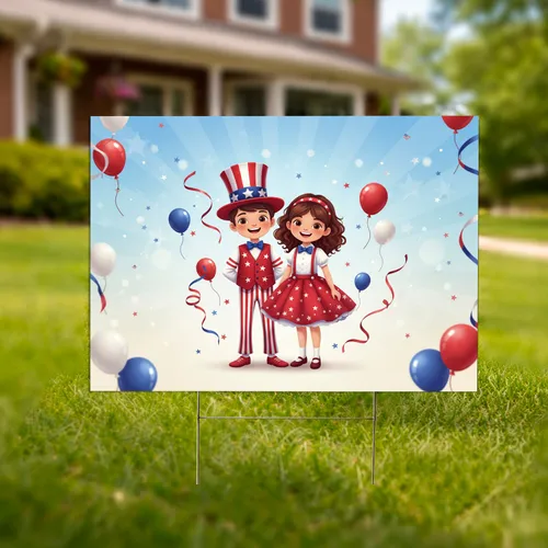 Cheerful Boy Girl Patriotic Celebration - Independence Day Outdoor Decor Yard Sign
