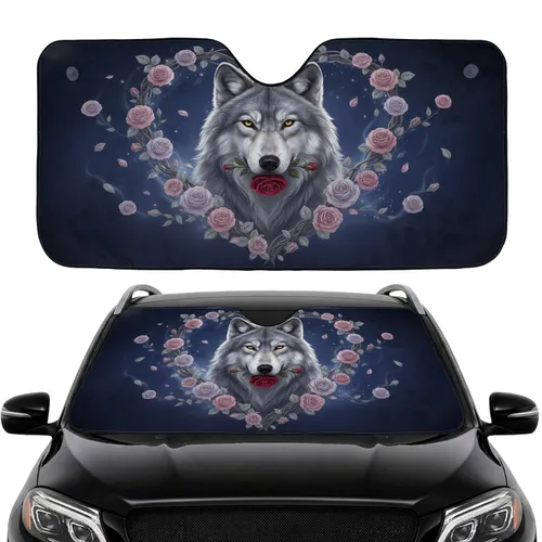 Gray Wolf Red Rose Heart Wreath Twilight Forest - Car Interior Upgrade Wildlife Lover Gift Car Sunshade