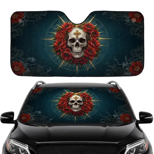 Ornate Skull Golden Cross Poppy Flowers Golden Chains Gothic Patterns - Road Trip Gift Car Sunshade