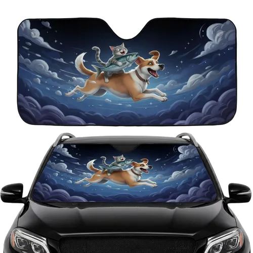 Dog Cat Running with Fish - Forest Adventure Road Trip Gift for Pet Lovers Car Sunshade