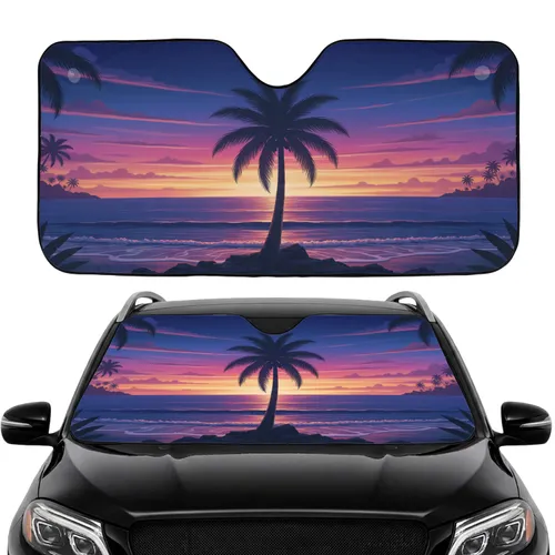Tall Palm Tree Silhouette Tropical Ocean Sunset Sky - Road Trip Gift Car Sunshade