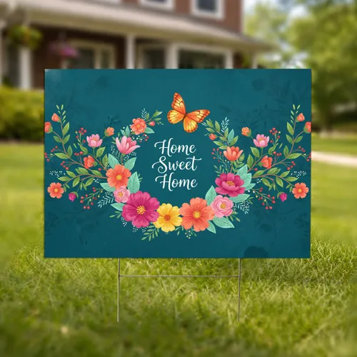 Home Sweet Home Lush Blooming Botanical Wreath Butterfly - Everyday Home Decor Gift Yard Sign