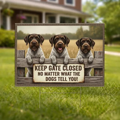 German Wirehaired Pointers Rustic Fence 'Keep Gate Closed' Funny Dog Lover Decor Yard Sign