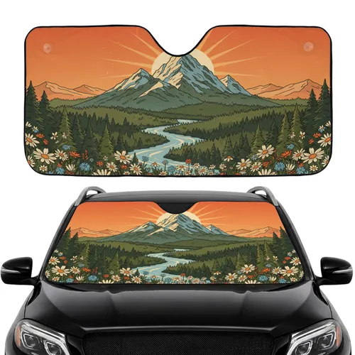Snowy Mountains River Meadow Daisies Sun - Road Trip Essentials Car Sunshade