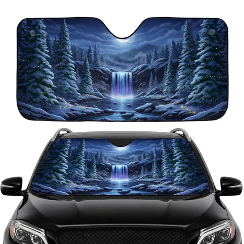 Luminous Full Moon Twinkling Stars Winter Waterfall Landscape - Car Interior Upgrade Car Sunshade