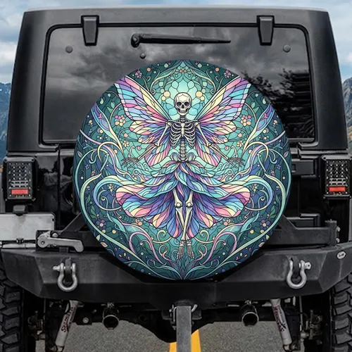 Stained Glass Skeleton Fairy Iridescent Wings - Enchanted Fantasy Decor Gift Spare Tire Cover